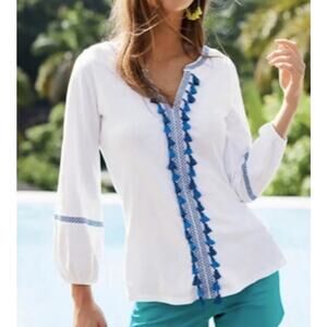 Boden Allison Tunic top Boho Peasant Medium Blue white coastal embroidered